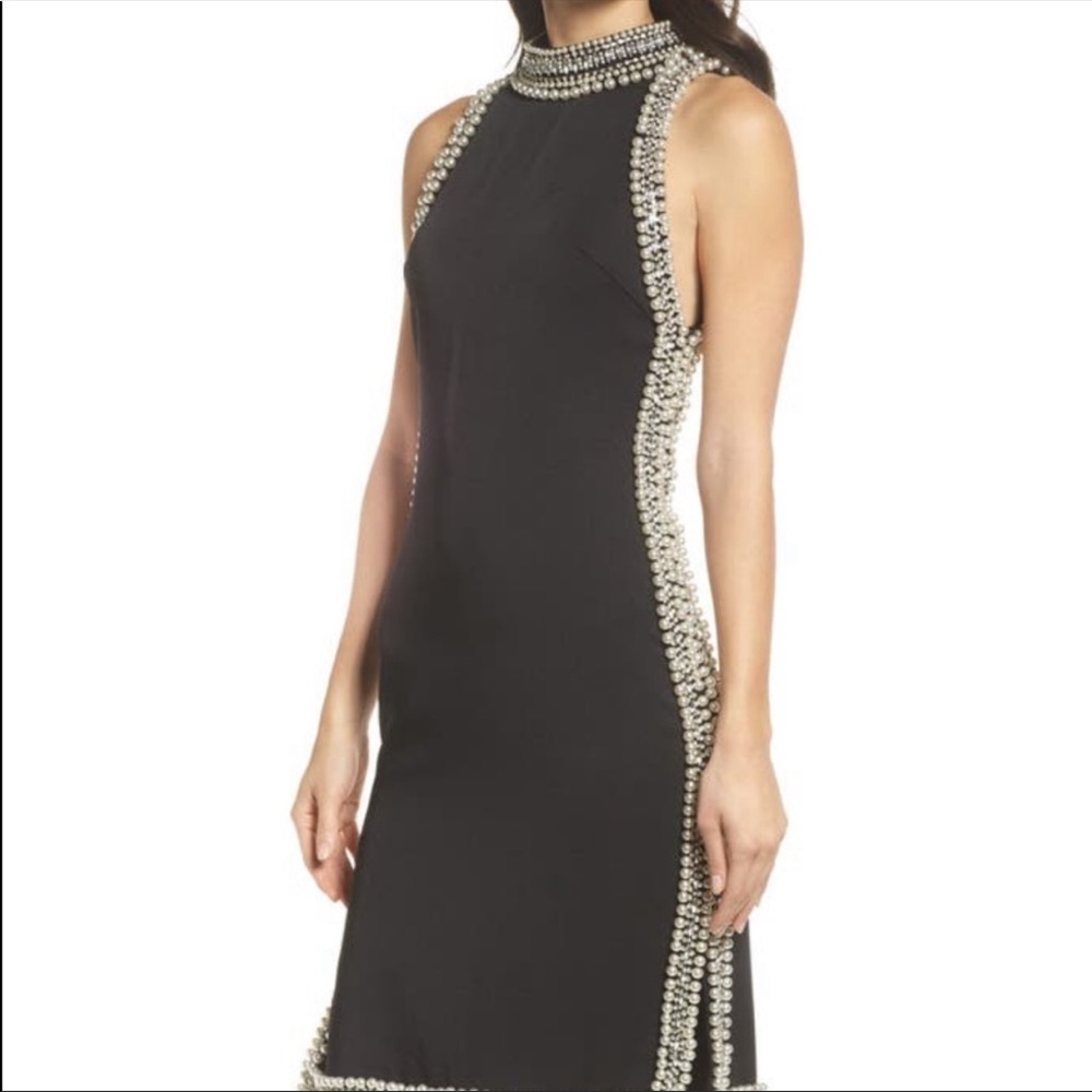 Max duggal midi sheath pearl trim dress
